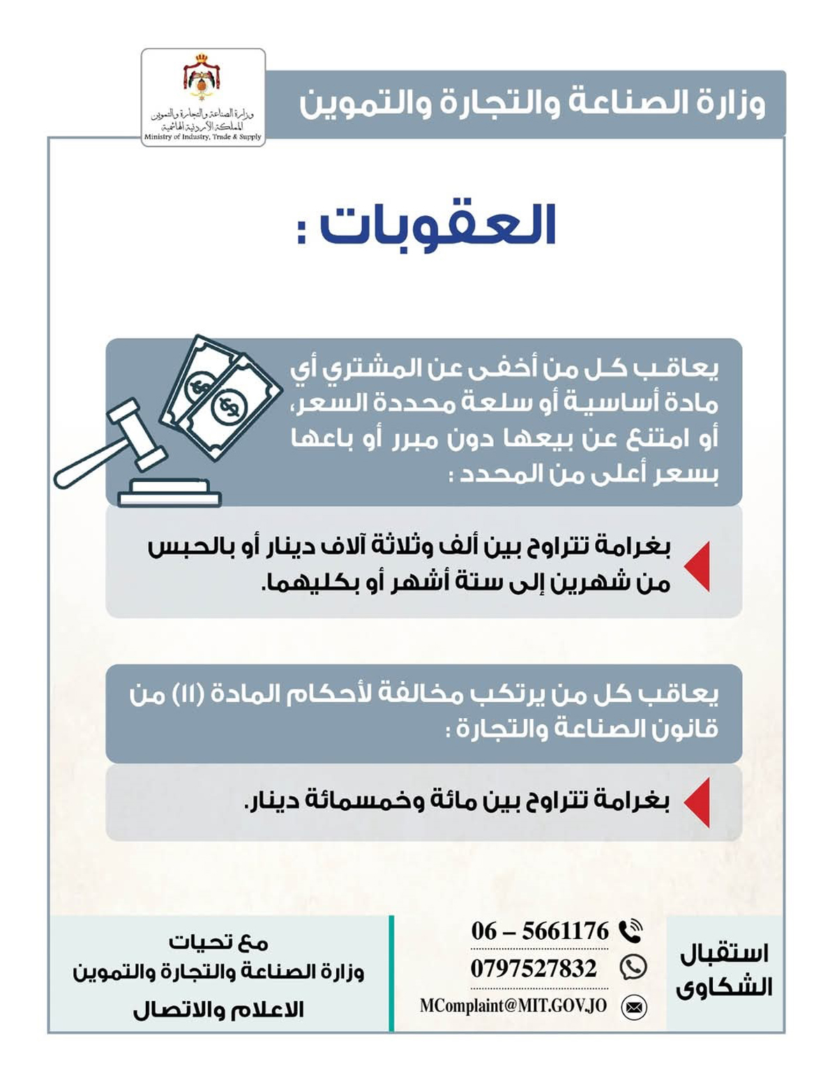 الصناعة والتجارة: غرامة تصل إلى 3 آلاف دينار لمن يخفي أو يمتنع عن بيع السلع