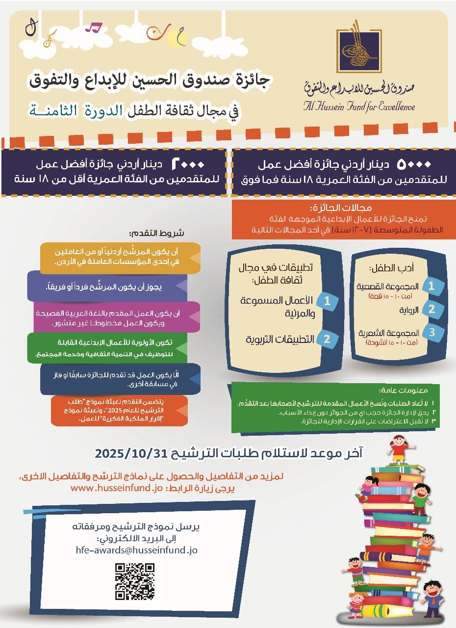 صندوق الحسين للإبداع يطلق الدورة 8 لجائزة ثقافة الطفل